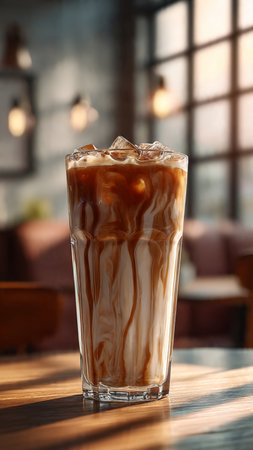 Glass of tasty ice coffee with milk on table in cafe, closeupの写真素材