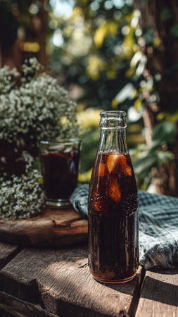 Cold cola drink in a glass bottle on a wooden table.の写真素材