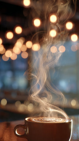 Cup of coffee with bokeh lights on the background.の写真素材