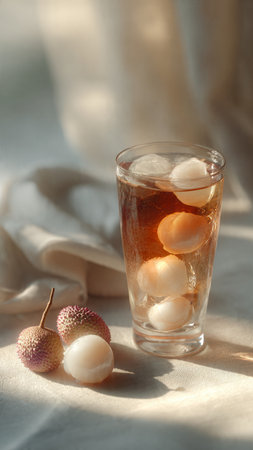 Lychee juice in a glass on a light background. Selective focus.の写真素材