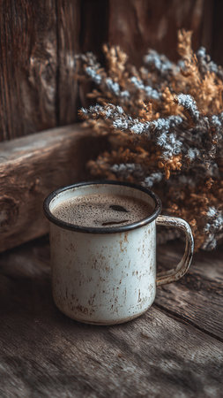 Coffee cup and dried flowers on rustic wooden background.の写真素材