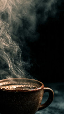 Coffee cup with steam on dark background. Copy space.の写真素材