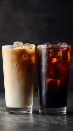 Iced coffee with ice cubes in a tall glass on dark background