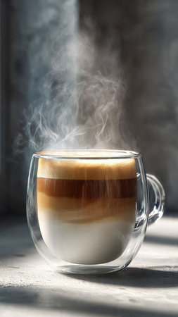 A cup of coffee with steam on the table in the morning.の写真素材