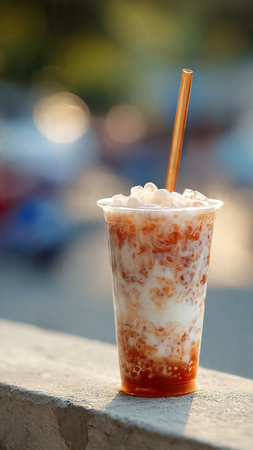 Iced coffee in plastic cup on the street. Selective focus.の写真素材