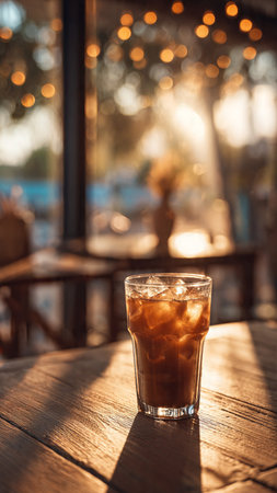 Iced coffee in a glass on a wooden table in a cafeの写真素材