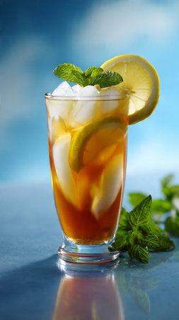 Glass of iced tea with lemon and mint on a blue backgroundの写真素材