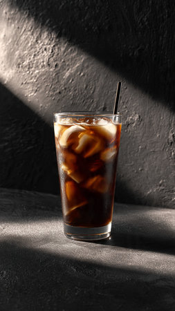 Glass of tasty cola with ice cubes on dark background, closeup
