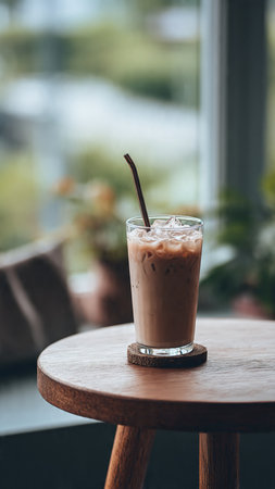 Iced coffee in glass on wood table in coffee shop, stock photoの写真素材