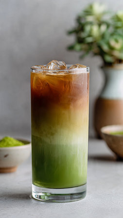 Iced green tea latte in glass on grey stone background.の写真素材
