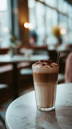 Cappuccino in a glass cup on a table in a cafeの写真素材