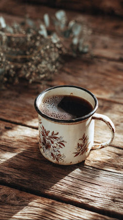 Cup of coffee on a wooden background. Vintage style toned pictureの写真素材