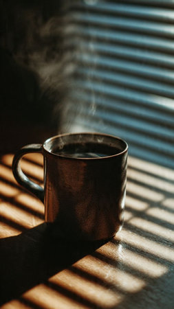 Metal mug with hot drink on window sill with sunlight and shadows.の写真素材