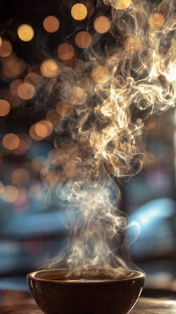 Coffee cup with smoke on bokeh lights background.