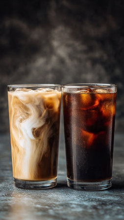 Two glasses of iced coffee with ice cubes on dark background.の写真素材