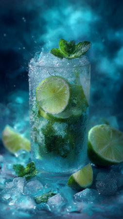 Mojito cocktail with lime, mint and ice on blue backgroundの写真素材