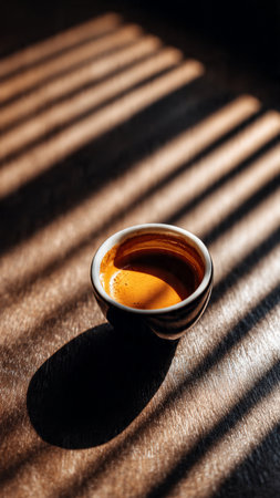 Espresso coffee in a cup with shadow on a wooden tableの写真素材