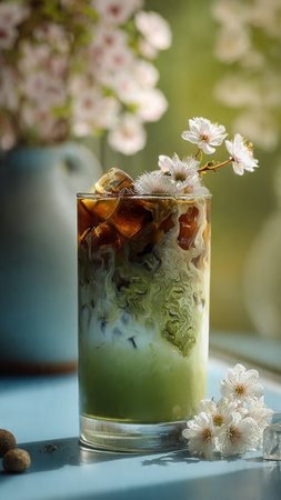 Iced green tea in a glass on the windowsill with spring flowersの写真素材