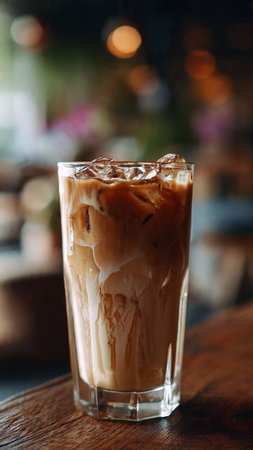 Iced coffee in a glass on a wooden table. Close upの写真素材