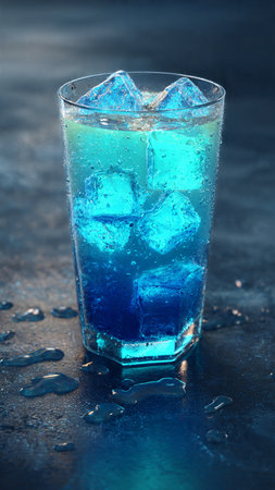 Blue cocktail with ice cubes on dark background, close-up.の写真素材