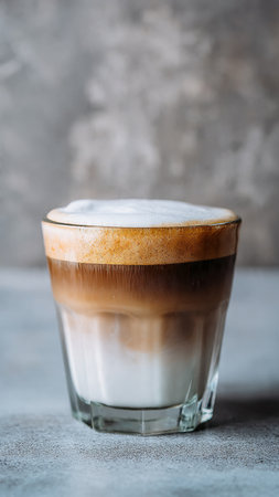 Coffee latte in a glass on a gray concrete backgroundの写真素材