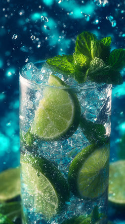 Mojito cocktail with lime, mint and ice on blue backgroundの写真素材