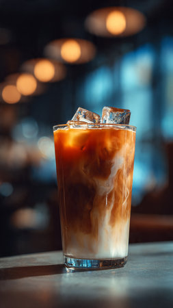Iced coffee with ice cubes in a glass on the table.