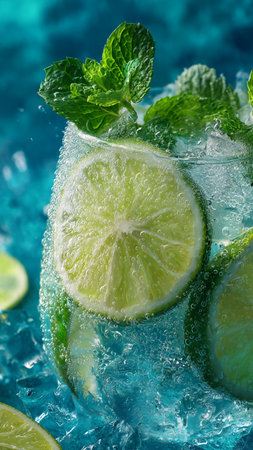 Mojito cocktail with lime, mint and ice on blue backgroundの写真素材