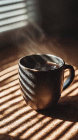 Cup of hot coffee on the table in the rays of sunlightの写真素材