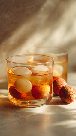 Lychee cocktail in a glass on a light background with shadowsの写真素材