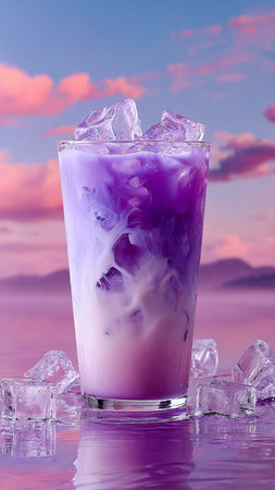 A glass of purple milk with ice cubes on a pink background.の写真素材