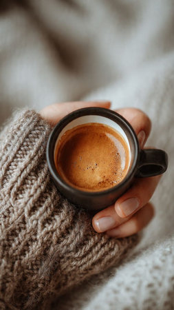 Woman hands in warm sweater holding cup of coffee, closeup view