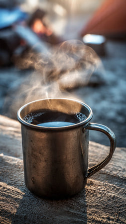 Hot coffee in a metal mug on a wooden table in the morningの写真素材