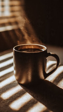 Cup of coffee on the background of a window in the rays of the sunの写真素材