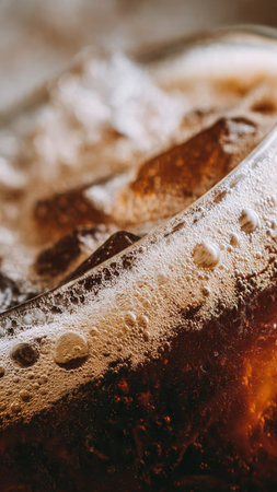 Close-up of cola in glass with ice cubes on dark backgroundの写真素材