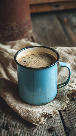 Coffee in a blue cup on a rustic wooden backgroundの写真素材