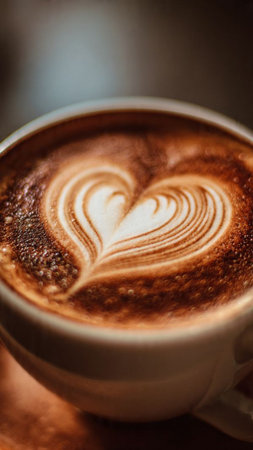 Coffee cup with heart shape latte art on wooden table