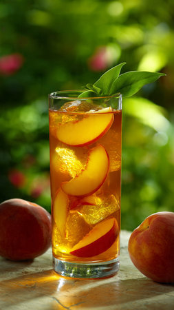 Glass of peach ice tea with peaches on wooden table in gardenの写真素材