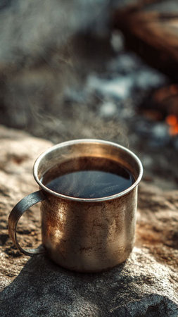 Cup of hot tea on a campfire in the mountains.の写真素材