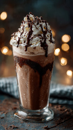 Hot chocolate with whipped cream and chocolate chips in a glass on a dark background