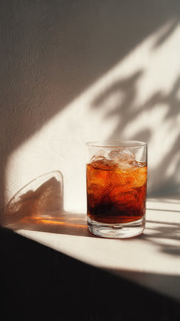 A glass of cola with ice on a white background with shadows