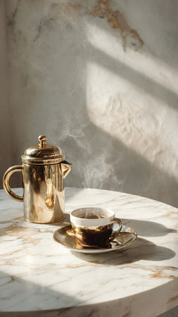 Cup of coffee on table in morning sunlight, stock photoの写真素材