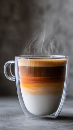 Coffee in a glass cup on a gray background, selective focusの写真素材