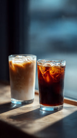 Iced coffee in a tall glass on a wooden table. Selective focus.の写真素材