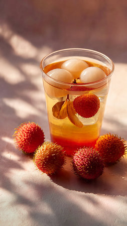 rambutan juice in a glass on a light background with shadowsの写真素材