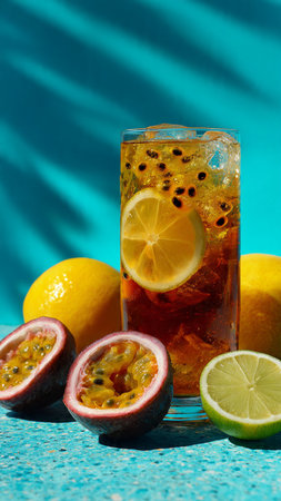 Glass of iced tea with passion fruit and lemon on blue backgroundの写真素材