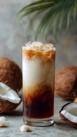 Iced coffee with milk in a glass on a stone background.