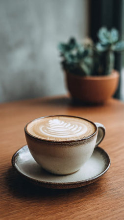 Coffee cup on wooden table in coffee shop, stock photoの写真素材