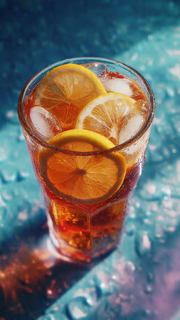 Cuba libre cocktail with lemon and ice in glass on blue backgroundの写真素材