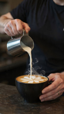 Barista pouring milk in a cup of coffee, close-up